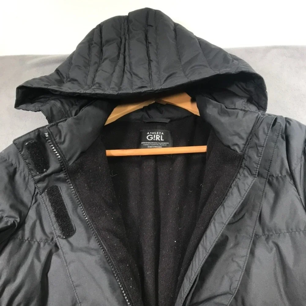 Athleta Girl Puffer Coat Youth Size XXL 16 Black Hooded Goose Down Full Zip